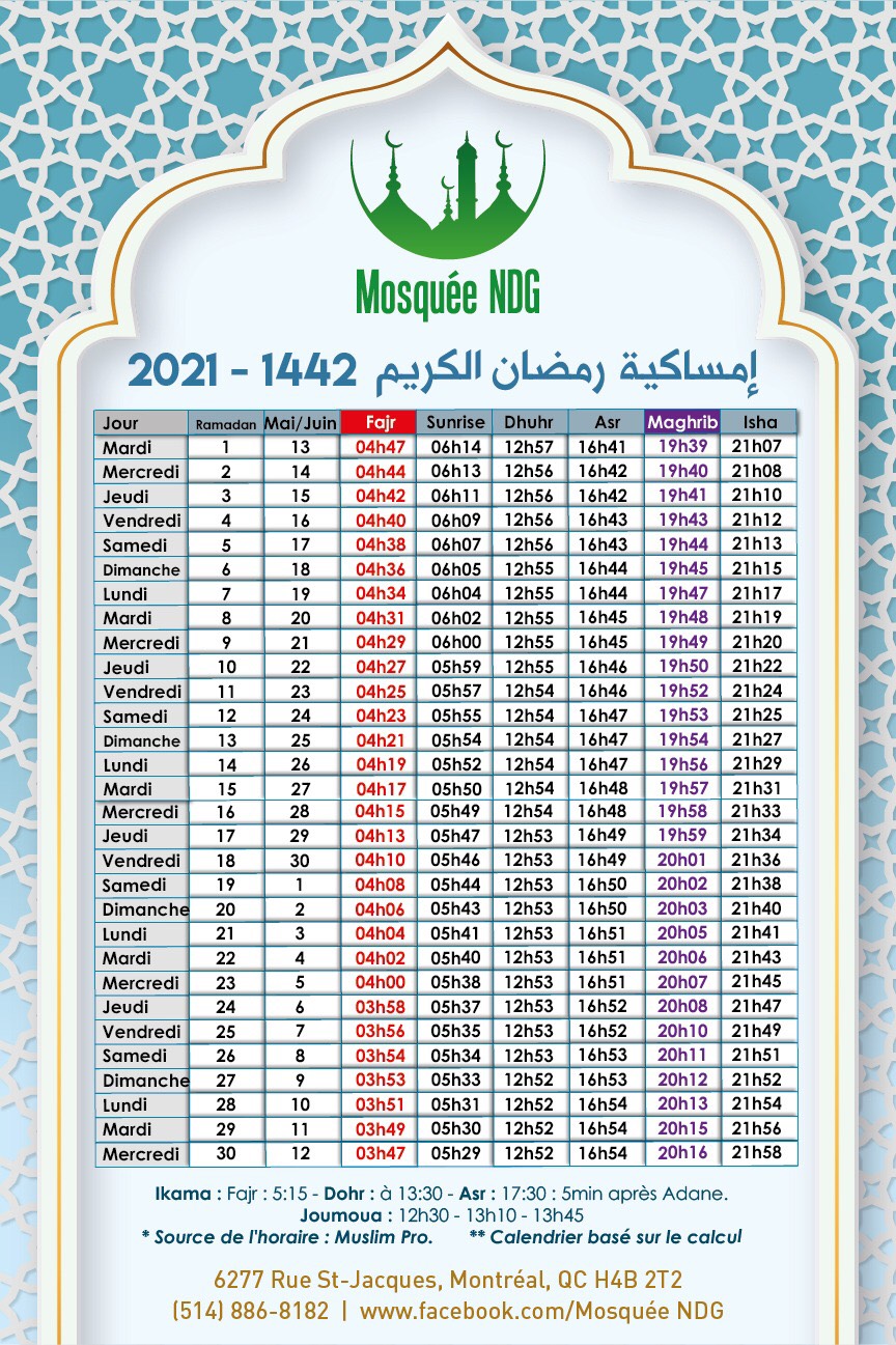 Calendrier Ramadan 1442 H/2021 - NDG-Mosque